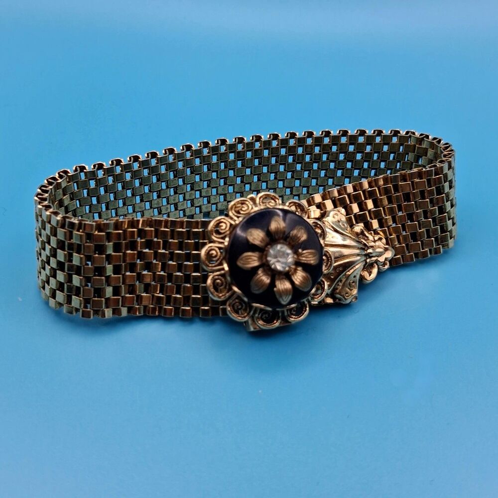 Vintage Lisner Gold Filled Slide Mesh Bracelet Garter Flower Victorian Revival